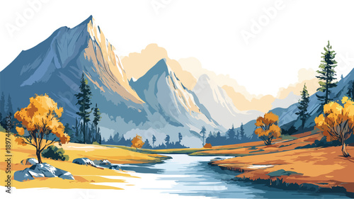 Stunning Landscape Artwork on White Background Vector Illustration