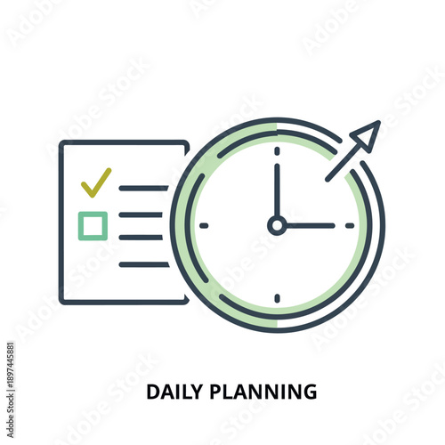 Daily Planning Checklist and Clock Icon Representing Time Management.