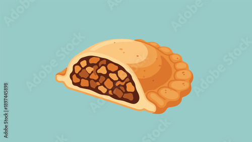 Delicious golden brown empanada filled with savory meat and vegetables is depicted against a solid light blue background.