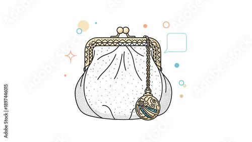 Intricately designed vintage coin purse featuring a golden frame and a decorative clasp charm is shown with a white background.
