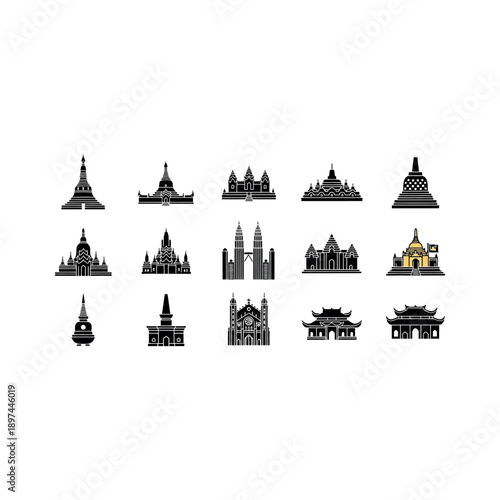 Collection of diverse architectural temple illustrations from various cultures and styles worldwide displayed together.