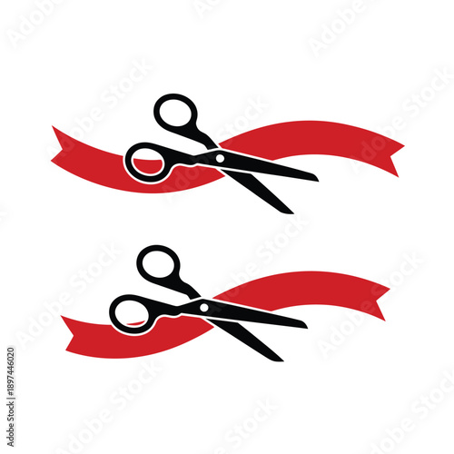 Black scissors cutting a vibrant red ribbon in a celebratory graphic