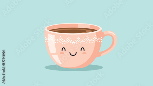 Kawaii style pink coffee cup with a happy smiling face and white lace pattern is set against a pastel blue background.