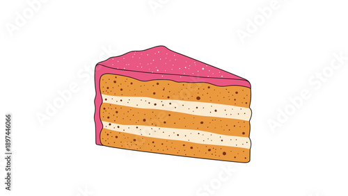 Single slice of moist layered cake with creamy white filling and vibrant pink frosting is shown on a white background.
