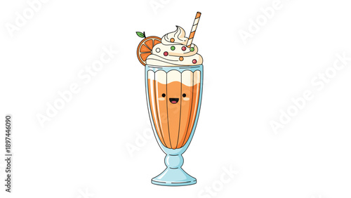 Tall glass of orange milkshake with whipped cream, sprinkles, and a straw features a cute kawaii face on a white background.