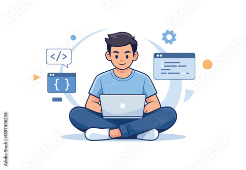 Coder boy with laptop surrounded by code elements, flat vector illustration