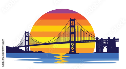 Golden gate bridge silhouetted against a vibrant colorful sunset backdrop