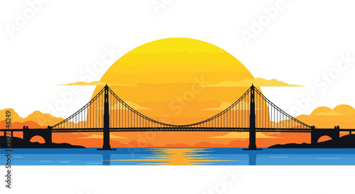 A golden sun sets behind a silhouetted suspension bridge over water
