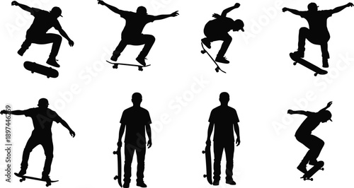 Vector illustration featuring a comprehensive set of black silhouettes depicting the evolution of people, including business men, dancing women, and a fun family with a child, baby, and boy in motion