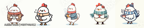 cute winter chicken vector drinking coffee