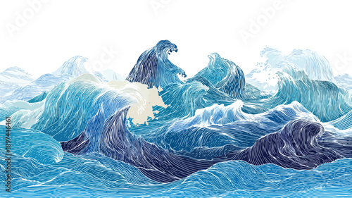 Blue Waves Vector Pattern with Outline Isolated on White Background