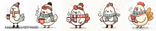 cute winter chicken vector drinking coffee