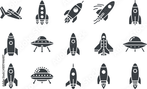 Vector illustration of a cartoon space icon set featuring a rocket, astronaut, and shuttle silhouette collection for vintage travel art design