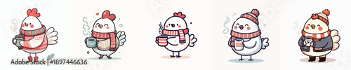 cute winter chicken vector drinking coffee