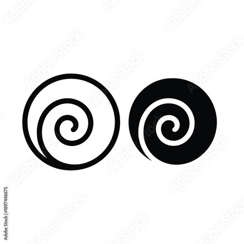 Two spiral shapes one white with a black outline one solid black