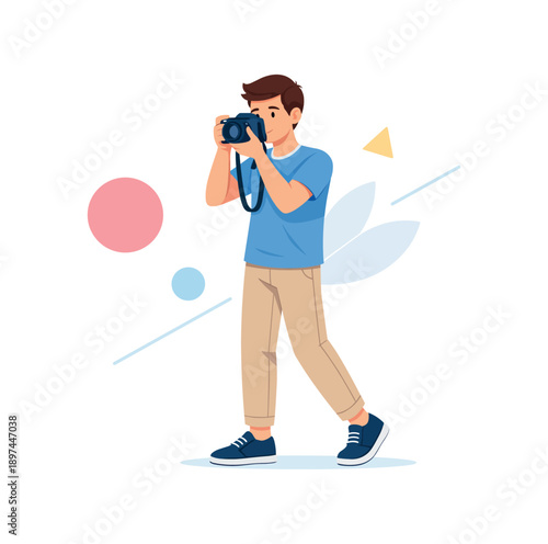 Man taking a photograph with camera, flat vector illustration