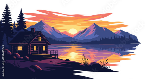 A cozy cabin sits beside a tranquil lake during a vibrant sunset