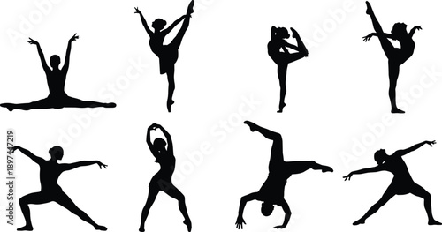 features eight black silhouette figures, each captured in dynamic gymnastic or dance poses against a stark white background. The silhouettes showcase a variety of movement