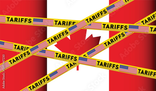 USA Tariffs on Canada Trade Conflict Concept with Warning Tape.