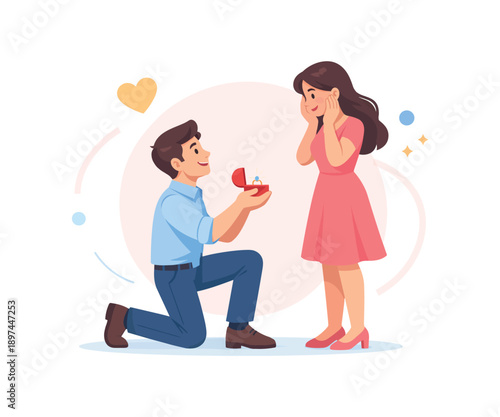 Man proposing marriage to surprised woman, flat vector illustration