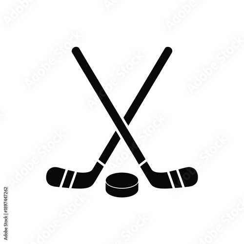 Black and white illustration of two hockey sticks and a puck