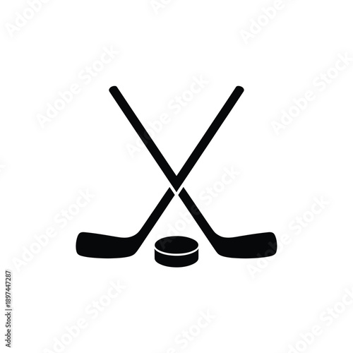 Black and white illustration of crossed hockey sticks and a puck