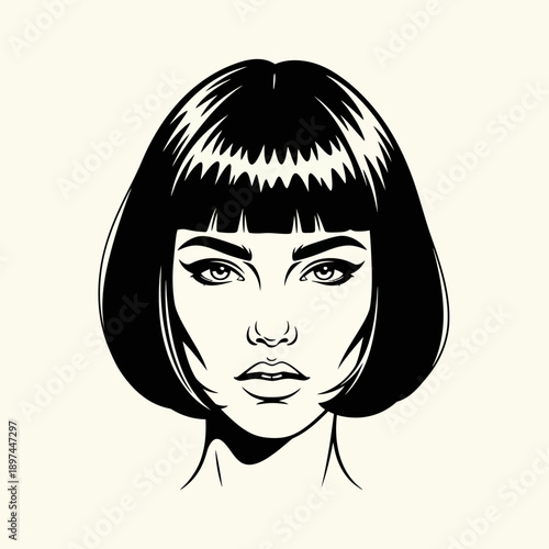 Elegant woman with bob haircut and striking eyes.