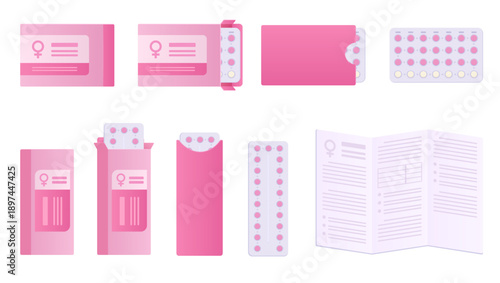 Contraceptive pills and birth control medication set with blister packs, boxes and instruction leaflets, pharmaceutical healthcare concept, flat vector illustration isolated on white background