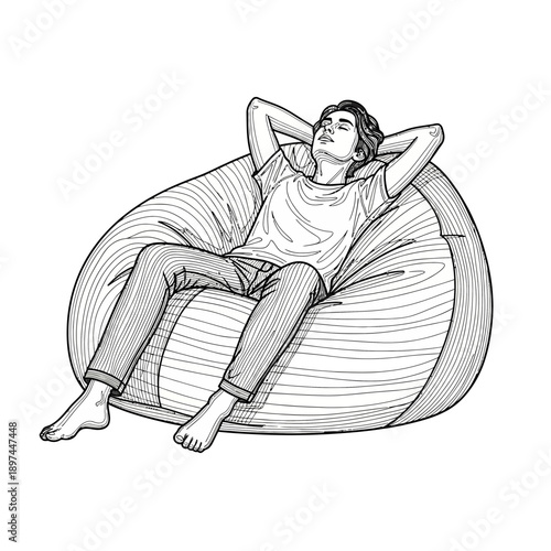 Man relaxing on a beanbag enjoying leisure time.