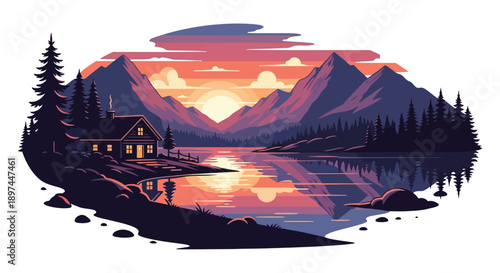 A cozy cabin nestled by a tranquil lake and majestic mountains
