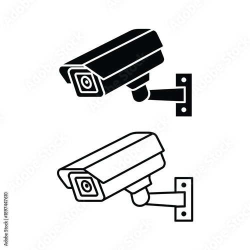 Black and white illustration of two security cameras on a white background