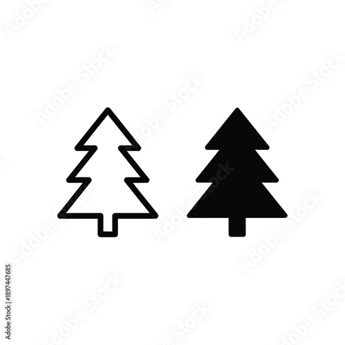 Simple black and white illustration of two evergreen trees side by side