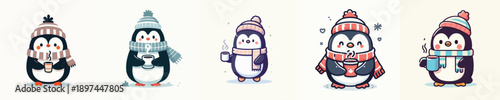 cute penguin vector winter drinking coffee