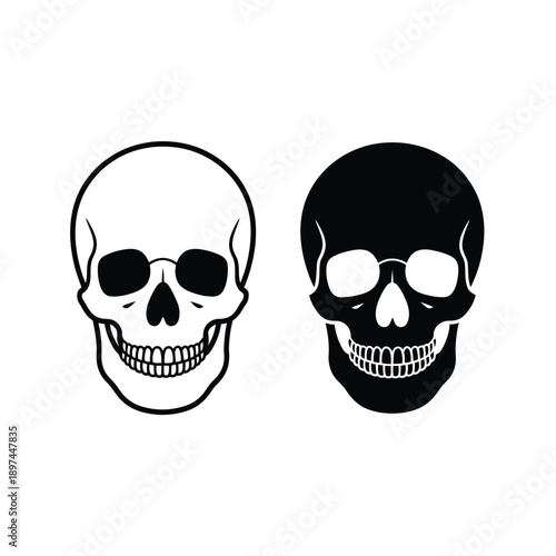 Two skull illustrations one white on black the other black on white