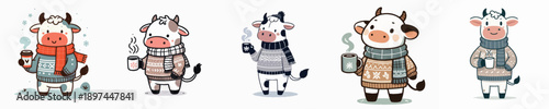 cute winter cow vector drinking coffee