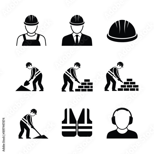 Construction worker icons depicting various roles and safety equipment
