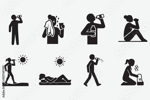 Set of eight black and white icons depicting various hydration and heat relief activities for people