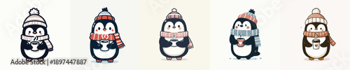 cute penguin vector winter drinking coffee