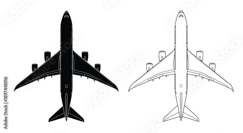 Overhead view of an airplane depicted in both solid black and white line art