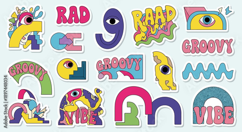 Groovy Psychedelic Stickers Collection, Retro Style
