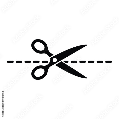 Simple black icon depicting open scissors cutting a dashed line