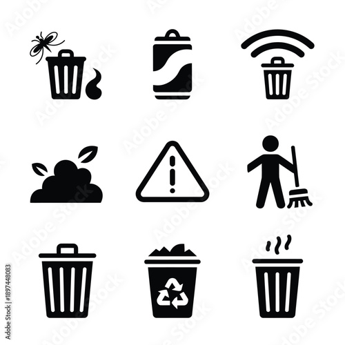 Black and white icons depicting waste disposal warnings and cleaning