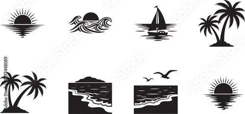 Set of eight stylish black and white beach vacation travel icons featuring sunsets sailboats palm trees waves and seagulls