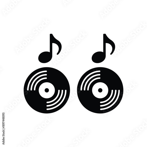 Two vinyl records with musical notes above a black and white icon