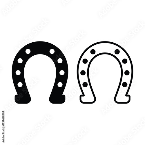 Two black and white horseshoe icons with visible nail holes displayed