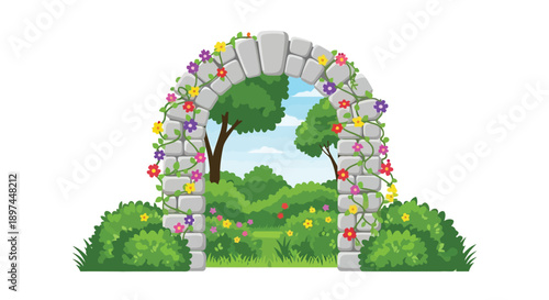 A pixel art stone archway decorated with flowers overlooks a scenic landscape