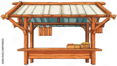 Cartoon Style Market Stall Wooden Stand Isolated Vector for Design Projects