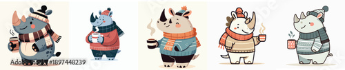 cute winter rhino vector drinking coffee