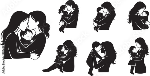 Various Black and White Illustrations Showing Mothers Comforting and Hugging Their Children in Different Emotional Moments
