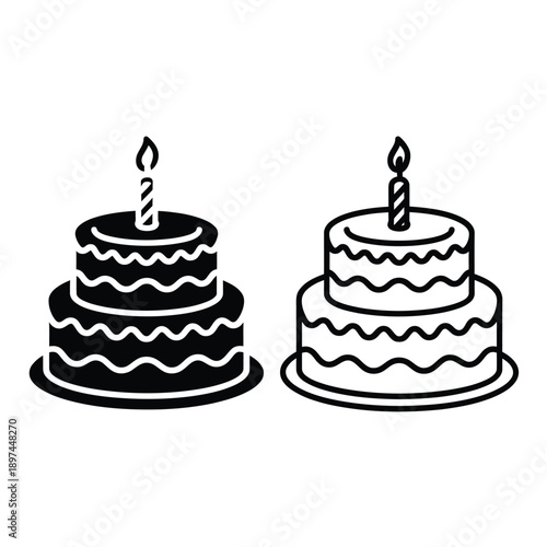 Two tiered cakes with lit candles a black and white illustration